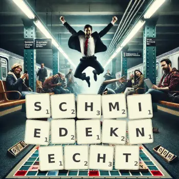 Kreative Illustration für ein Scrabble-Spiel, bei dem das Wort SCHMIEDEKNECHT mit Steinen auf dem Brett gelegt wurde.