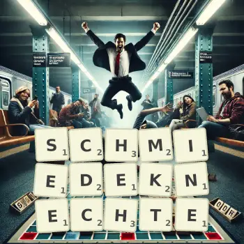 Kreative Illustration für ein Scrabble-Spiel, bei dem das Wort SCHMIEDEKNECHTE mit Steinen auf dem Brett gelegt wurde.