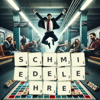 Kreative Illustration für ein Scrabble-Spiel, bei dem das Wort SCHMIEDELEHRE mit Steinen auf dem Brett gelegt wurde.