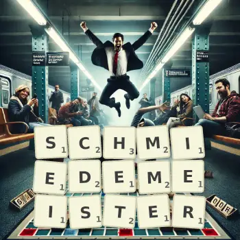 Kreative Illustration für ein Scrabble-Spiel, bei dem das Wort SCHMIEDEMEISTER mit Steinen auf dem Brett gelegt wurde.