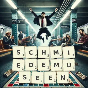 Kreative Illustration für ein Scrabble-Spiel, bei dem das Wort SCHMIEDEMUSEEN mit Steinen auf dem Brett gelegt wurde.
