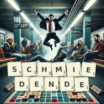 Kreative Illustration für ein Scrabble-Spiel, bei dem das Wort SCHMIEDENDE mit Steinen auf dem Brett gelegt wurde.