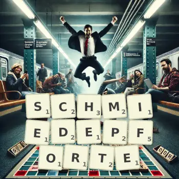 Kreative Illustration für ein Scrabble-Spiel, bei dem das Wort SCHMIEDEPFORTE mit Steinen auf dem Brett gelegt wurde.