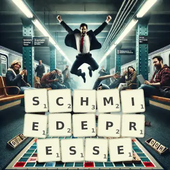 Kreative Illustration für ein Scrabble-Spiel, bei dem das Wort SCHMIEDEPRESSE mit Steinen auf dem Brett gelegt wurde.