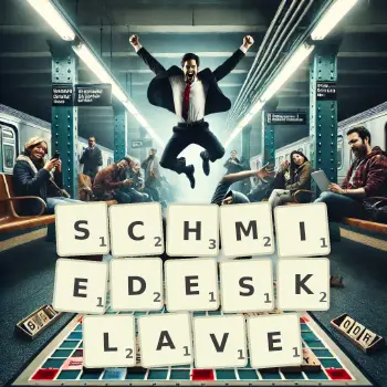 Kreative Illustration für ein Scrabble-Spiel, bei dem das Wort SCHMIEDESKLAVE mit Steinen auf dem Brett gelegt wurde.