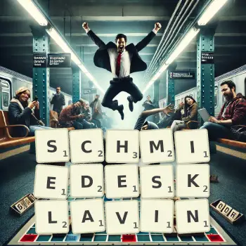 Kreative Illustration für ein Scrabble-Spiel, bei dem das Wort SCHMIEDESKLAVIN mit Steinen auf dem Brett gelegt wurde.