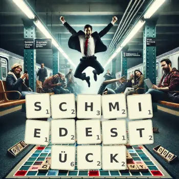 Kreative Illustration für ein Scrabble-Spiel, bei dem das Wort SCHMIEDESTÜCK mit Steinen auf dem Brett gelegt wurde.