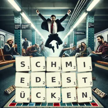 Kreative Illustration für ein Scrabble-Spiel, bei dem das Wort SCHMIEDESTÜCKEN mit Steinen auf dem Brett gelegt wurde.