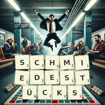 Kreative Illustration für ein Scrabble-Spiel, bei dem das Wort SCHMIEDESTÜCKS mit Steinen auf dem Brett gelegt wurde.