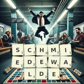 Kreative Illustration für ein Scrabble-Spiel, bei dem das Wort SCHMIEDEWALDE mit Steinen auf dem Brett gelegt wurde.