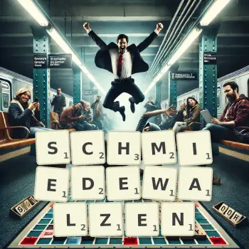 Kreative Illustration für ein Scrabble-Spiel, bei dem das Wort SCHMIEDEWALZEN mit Steinen auf dem Brett gelegt wurde.