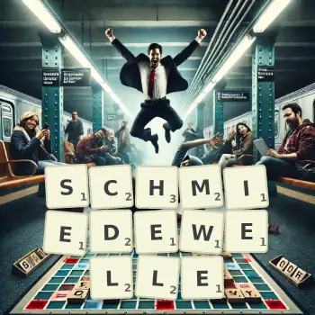 Kreative Illustration für ein Scrabble-Spiel, bei dem das Wort SCHMIEDEWELLE mit Steinen auf dem Brett gelegt wurde.