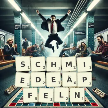 Kreative Illustration für ein Scrabble-Spiel, bei dem das Wort SCHMIEDEÄPFELN mit Steinen auf dem Brett gelegt wurde.