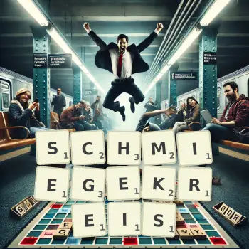 Kreative Illustration für ein Scrabble-Spiel, bei dem das Wort SCHMIEGEKREIS mit Steinen auf dem Brett gelegt wurde.