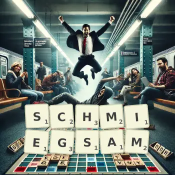 Kreative Illustration für ein Scrabble-Spiel, bei dem das Wort SCHMIEGSAM mit Steinen auf dem Brett gelegt wurde.