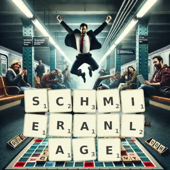 Kreative Illustration für ein Scrabble-Spiel, bei dem das Wort SCHMIERANLAGE mit Steinen auf dem Brett gelegt wurde.