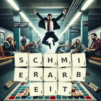 Kreative Illustration für ein Scrabble-Spiel, bei dem das Wort SCHMIERARBEIT mit Steinen auf dem Brett gelegt wurde.