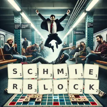 Kreative Illustration für ein Scrabble-Spiel, bei dem das Wort SCHMIERBLOCK mit Steinen auf dem Brett gelegt wurde.