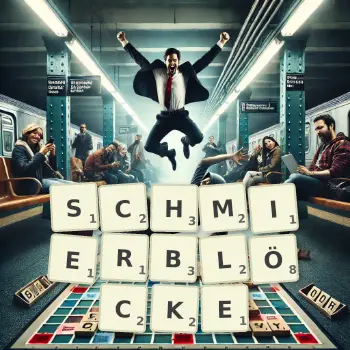 Kreative Illustration für ein Scrabble-Spiel, bei dem das Wort SCHMIERBLÖCKE mit Steinen auf dem Brett gelegt wurde.