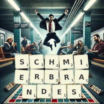 Kreative Illustration für ein Scrabble-Spiel, bei dem das Wort SCHMIERBRANDES mit Steinen auf dem Brett gelegt wurde.