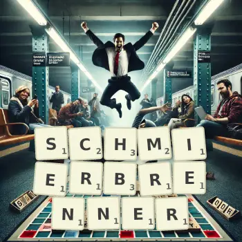 Kreative Illustration für ein Scrabble-Spiel, bei dem das Wort SCHMIERBRENNER mit Steinen auf dem Brett gelegt wurde.