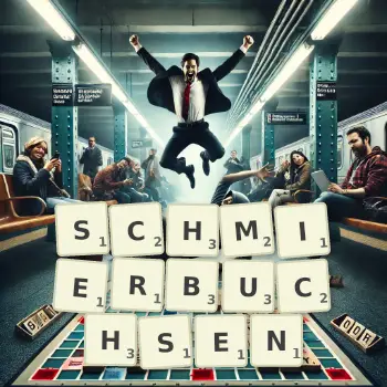 Kreative Illustration für ein Scrabble-Spiel, bei dem das Wort SCHMIERBUCHSEN mit Steinen auf dem Brett gelegt wurde.