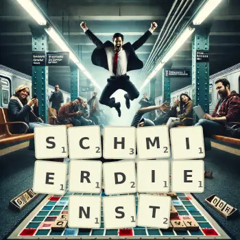 Kreative Illustration für ein Scrabble-Spiel, bei dem das Wort SCHMIERDIENST mit Steinen auf dem Brett gelegt wurde.