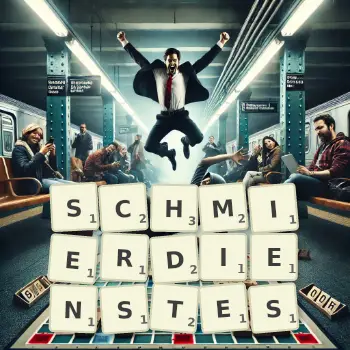 Kreative Illustration für ein Scrabble-Spiel, bei dem das Wort SCHMIERDIENSTES mit Steinen auf dem Brett gelegt wurde.