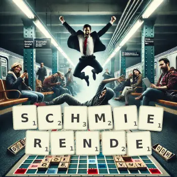 Kreative Illustration für ein Scrabble-Spiel, bei dem das Wort SCHMIERENDE mit Steinen auf dem Brett gelegt wurde.