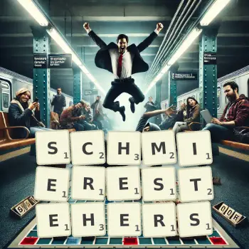 Kreative Illustration für ein Scrabble-Spiel, bei dem das Wort SCHMIERESTEHERS mit Steinen auf dem Brett gelegt wurde.