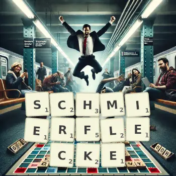 Kreative Illustration für ein Scrabble-Spiel, bei dem das Wort SCHMIERFLECKE mit Steinen auf dem Brett gelegt wurde.