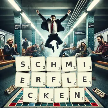 Kreative Illustration für ein Scrabble-Spiel, bei dem das Wort SCHMIERFLECKEN mit Steinen auf dem Brett gelegt wurde.