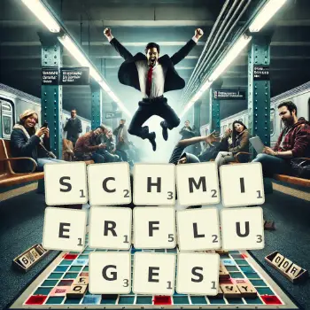 Kreative Illustration für ein Scrabble-Spiel, bei dem das Wort SCHMIERFLUGES mit Steinen auf dem Brett gelegt wurde.