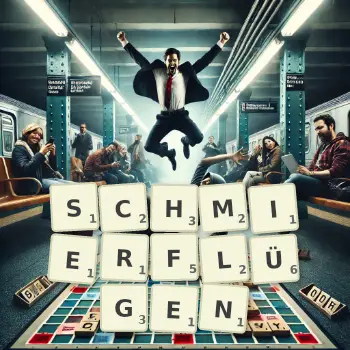 Kreative Illustration für ein Scrabble-Spiel, bei dem das Wort SCHMIERFLÜGEN mit Steinen auf dem Brett gelegt wurde.