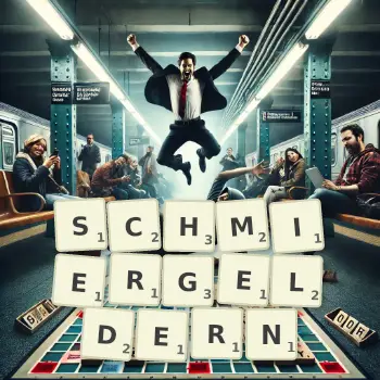 Kreative Illustration für ein Scrabble-Spiel, bei dem das Wort SCHMIERGELDERN mit Steinen auf dem Brett gelegt wurde.