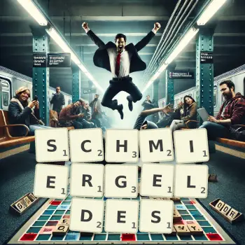 Kreative Illustration für ein Scrabble-Spiel, bei dem das Wort SCHMIERGELDES mit Steinen auf dem Brett gelegt wurde.