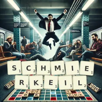 Kreative Illustration für ein Scrabble-Spiel, bei dem das Wort SCHMIERKEIL mit Steinen auf dem Brett gelegt wurde.