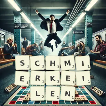 Kreative Illustration für ein Scrabble-Spiel, bei dem das Wort SCHMIERKEILEN mit Steinen auf dem Brett gelegt wurde.