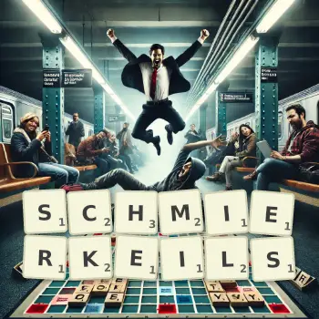 Kreative Illustration für ein Scrabble-Spiel, bei dem das Wort SCHMIERKEILS mit Steinen auf dem Brett gelegt wurde.
