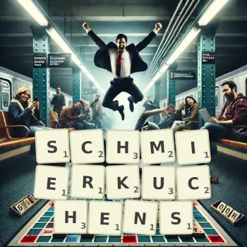 Kreative Illustration für ein Scrabble-Spiel, bei dem das Wort SCHMIERKUCHENS mit Steinen auf dem Brett gelegt wurde.