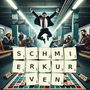 Kreative Illustration für ein Scrabble-Spiel, bei dem das Wort SCHMIERKURVEN mit Steinen auf dem Brett gelegt wurde.