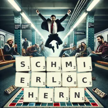 Kreative Illustration für ein Scrabble-Spiel, bei dem das Wort SCHMIERLÖCHERN mit Steinen auf dem Brett gelegt wurde.