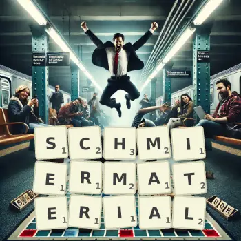 Kreative Illustration für ein Scrabble-Spiel, bei dem das Wort SCHMIERMATERIAL mit Steinen auf dem Brett gelegt wurde.