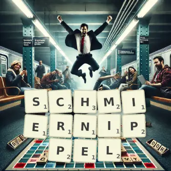 Kreative Illustration für ein Scrabble-Spiel, bei dem das Wort SCHMIERNIPPEL mit Steinen auf dem Brett gelegt wurde.