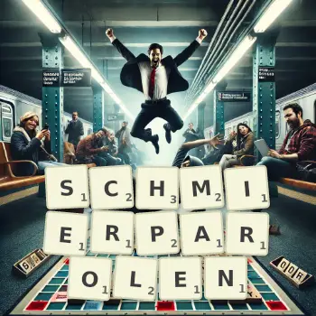 Kreative Illustration für ein Scrabble-Spiel, bei dem das Wort SCHMIERPAROLEN mit Steinen auf dem Brett gelegt wurde.