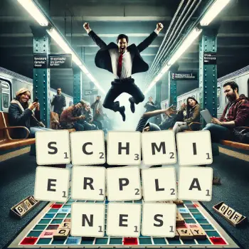Kreative Illustration für ein Scrabble-Spiel, bei dem das Wort SCHMIERPLANES mit Steinen auf dem Brett gelegt wurde.