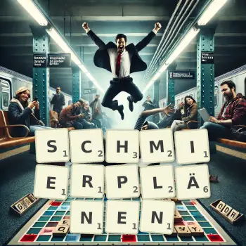 Kreative Illustration für ein Scrabble-Spiel, bei dem das Wort SCHMIERPLÄNEN mit Steinen auf dem Brett gelegt wurde.