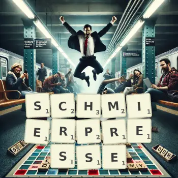 Kreative Illustration für ein Scrabble-Spiel, bei dem das Wort SCHMIERPRESSE mit Steinen auf dem Brett gelegt wurde.
