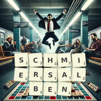 Kreative Illustration für ein Scrabble-Spiel, bei dem das Wort SCHMIERSALBEN mit Steinen auf dem Brett gelegt wurde.