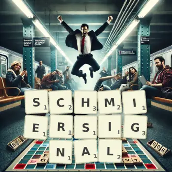 Kreative Illustration für ein Scrabble-Spiel, bei dem das Wort SCHMIERSIGNAL mit Steinen auf dem Brett gelegt wurde.